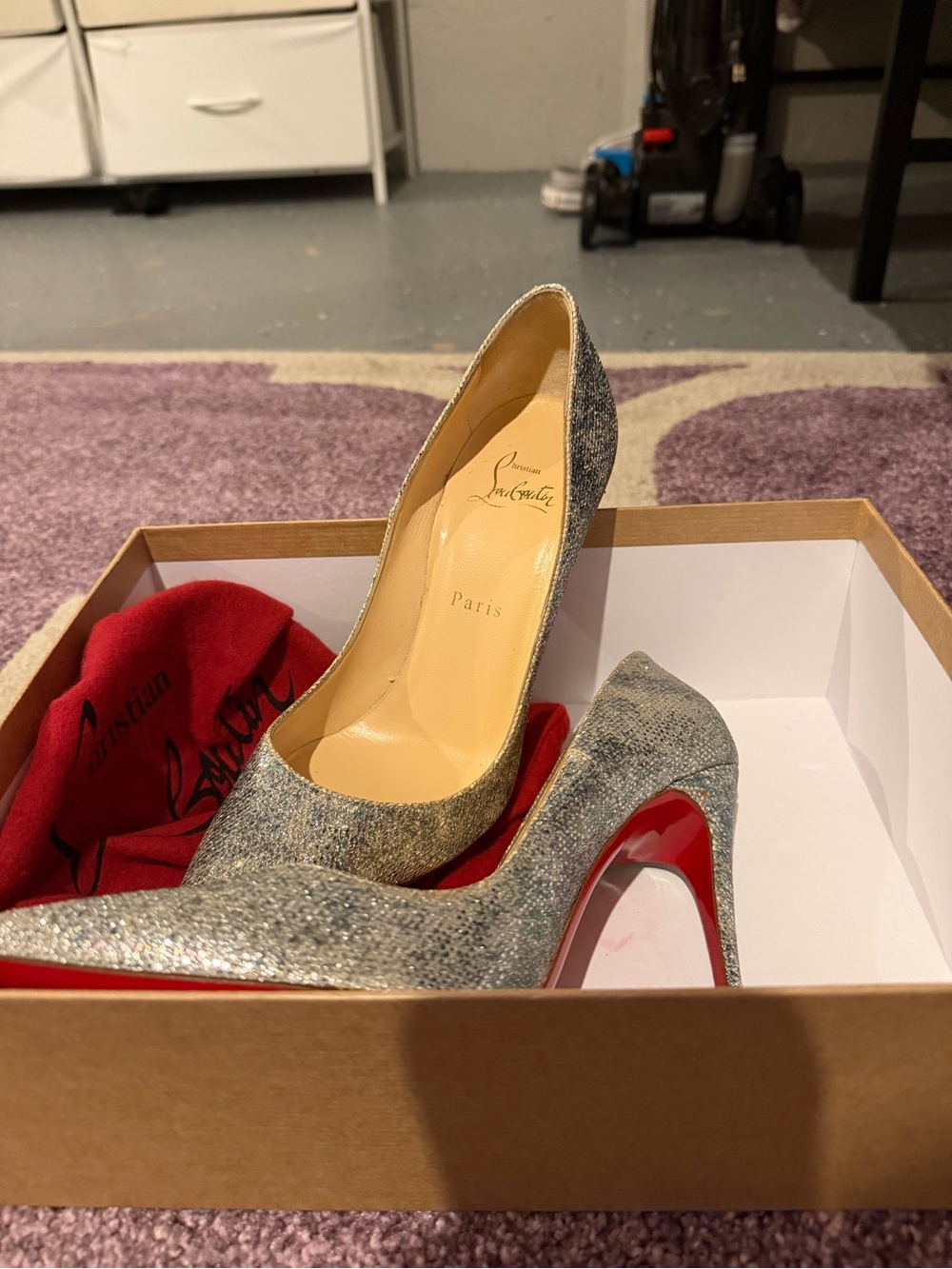 Christian Louboutin Silver Glitter Pumps with Red Sole